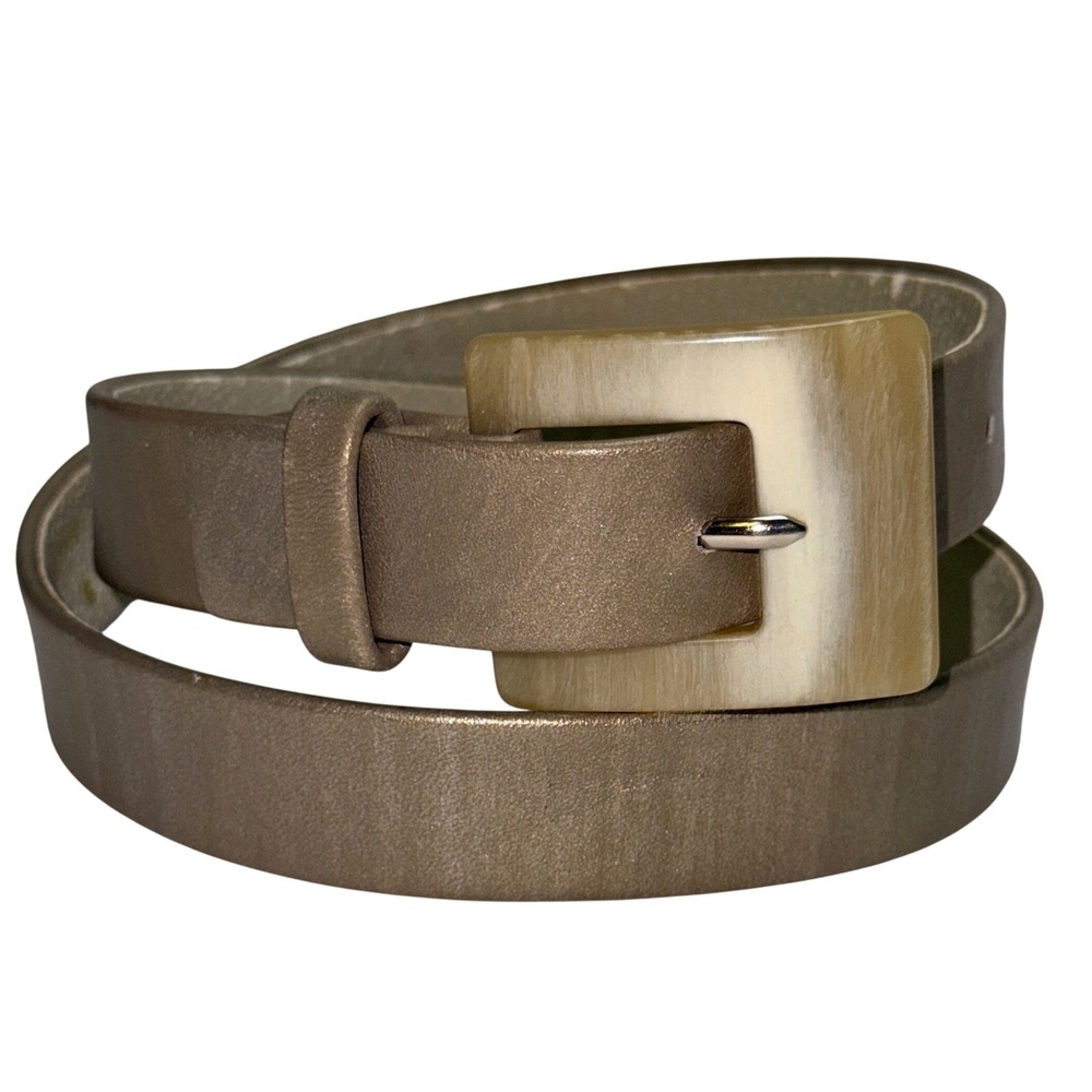 SUZI ROHER Medium Gold Metallic Leather Belt with Cream‎ Square Buckle